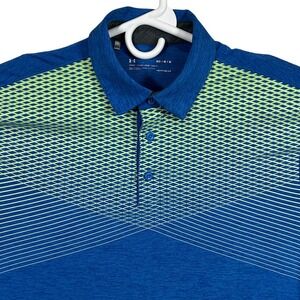 Under Armour Mens HeatGear Blue Lime Green Geometric Golf Polo Shirt Medium